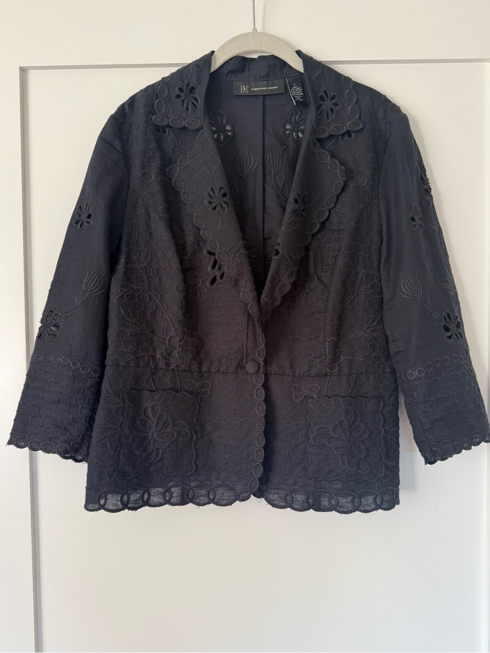 INC International Concepts Black Eyelet Embroidered Blazer L